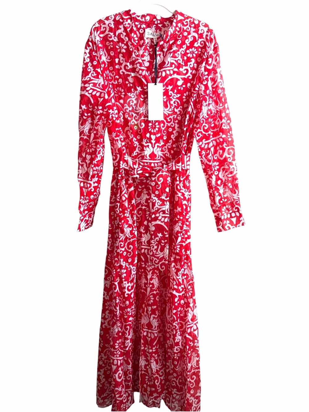NWT SALONI Inez Floral Maxi Dress Size 8 US Red Cotton Silk Long Sleeve Paisley - Picture 3 of 11